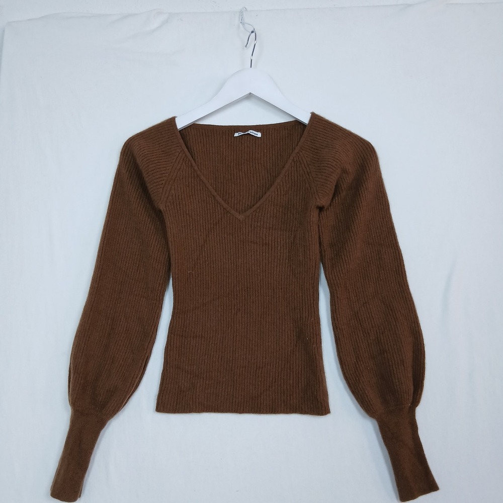 Reformation Cashmere Blend Ribbed V-Neck Lantern Sleeve Sweater Brown XS